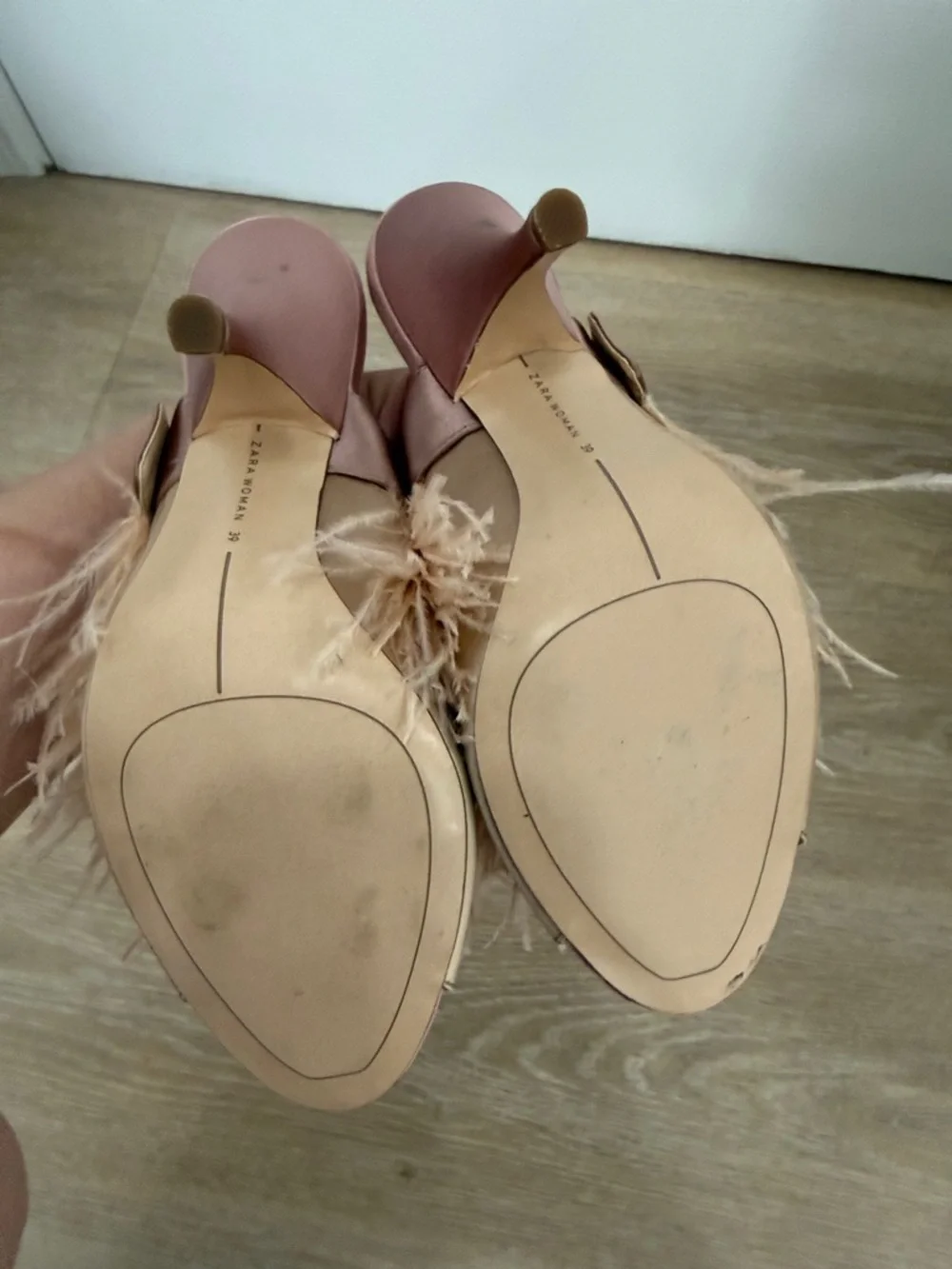 Zara Blush Feather Mule Heels with Crystal Buckle - Picture 5 of 7